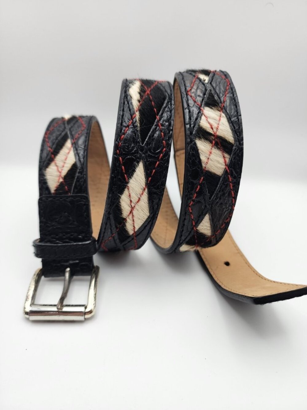Michael Kors Womens Leather Belt Black Red Argyle Fur Diamond Inlay XL  Buckle